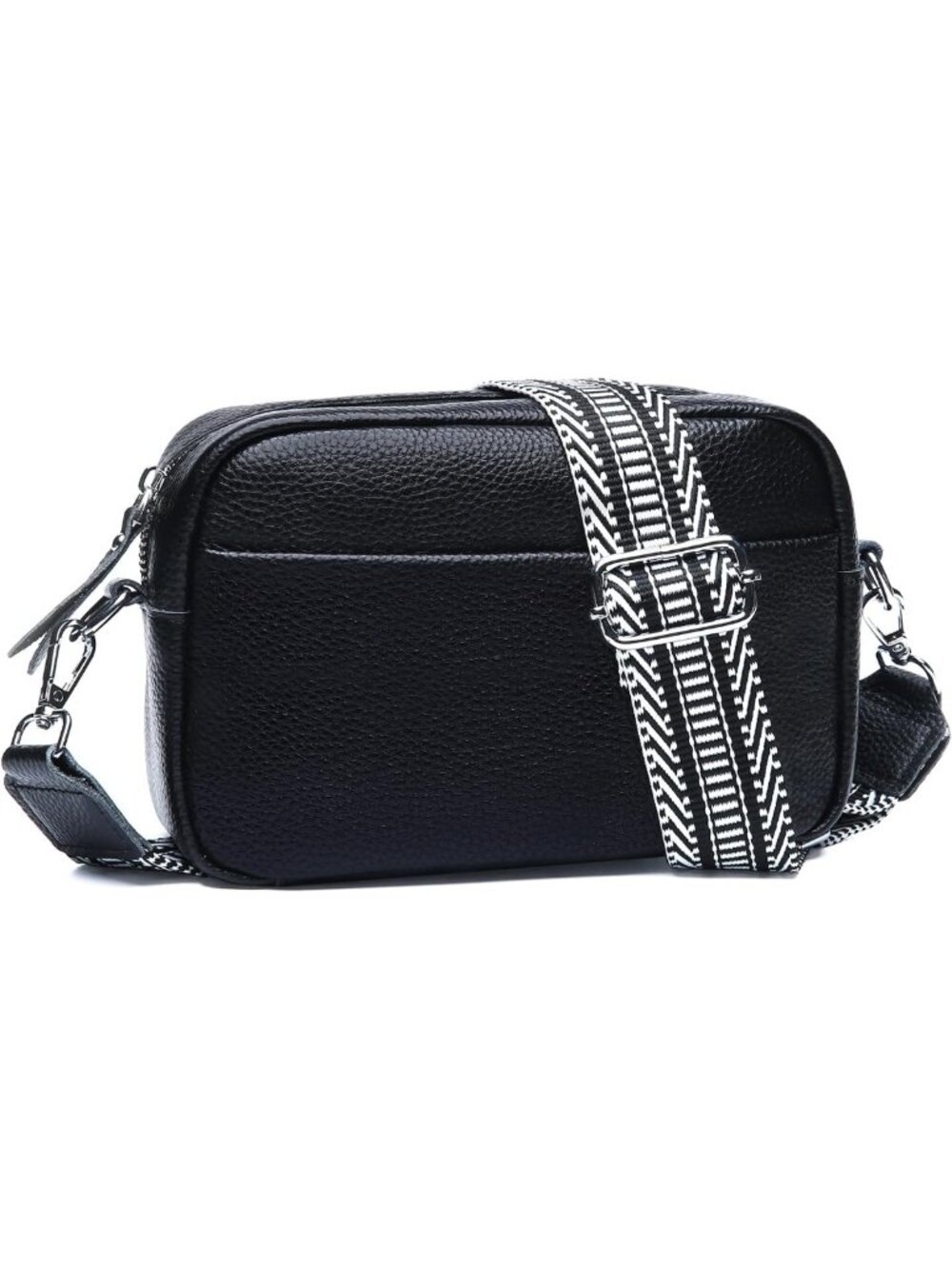 Genuine Leather Crossbody Bag Black Small Camera Purse Wide Adjustable Strap